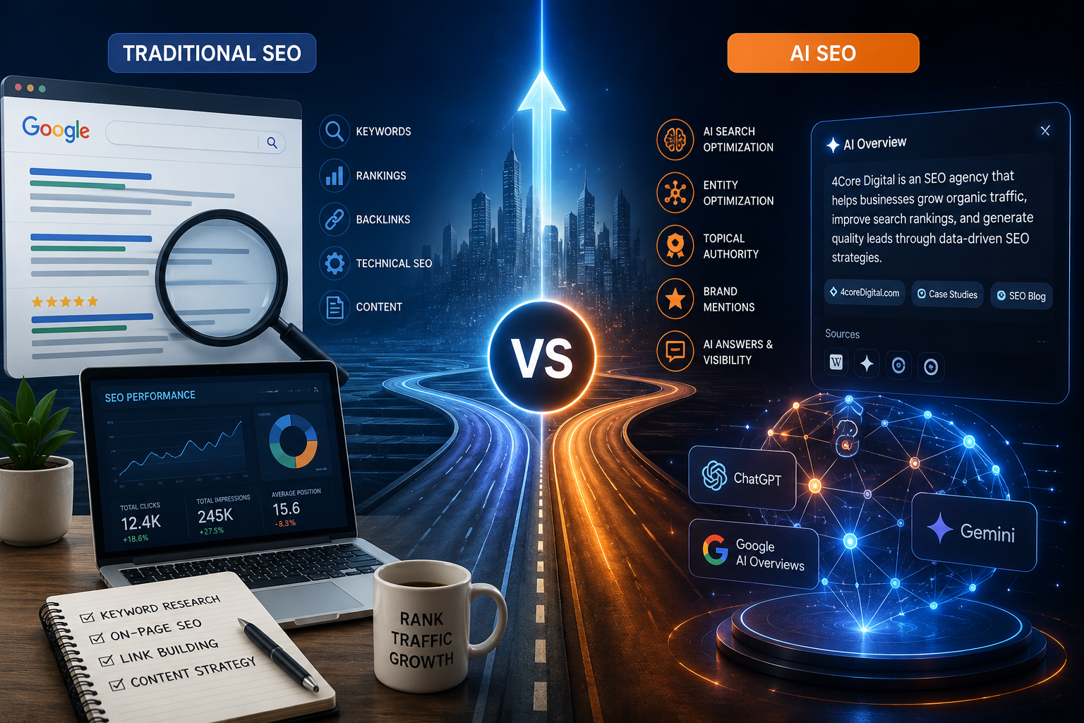AI SEO vs Traditional SEO in 2026 AI SEO vs Traditional SEO showing the evolution of search optimization from traditional rankings to AI-powered search