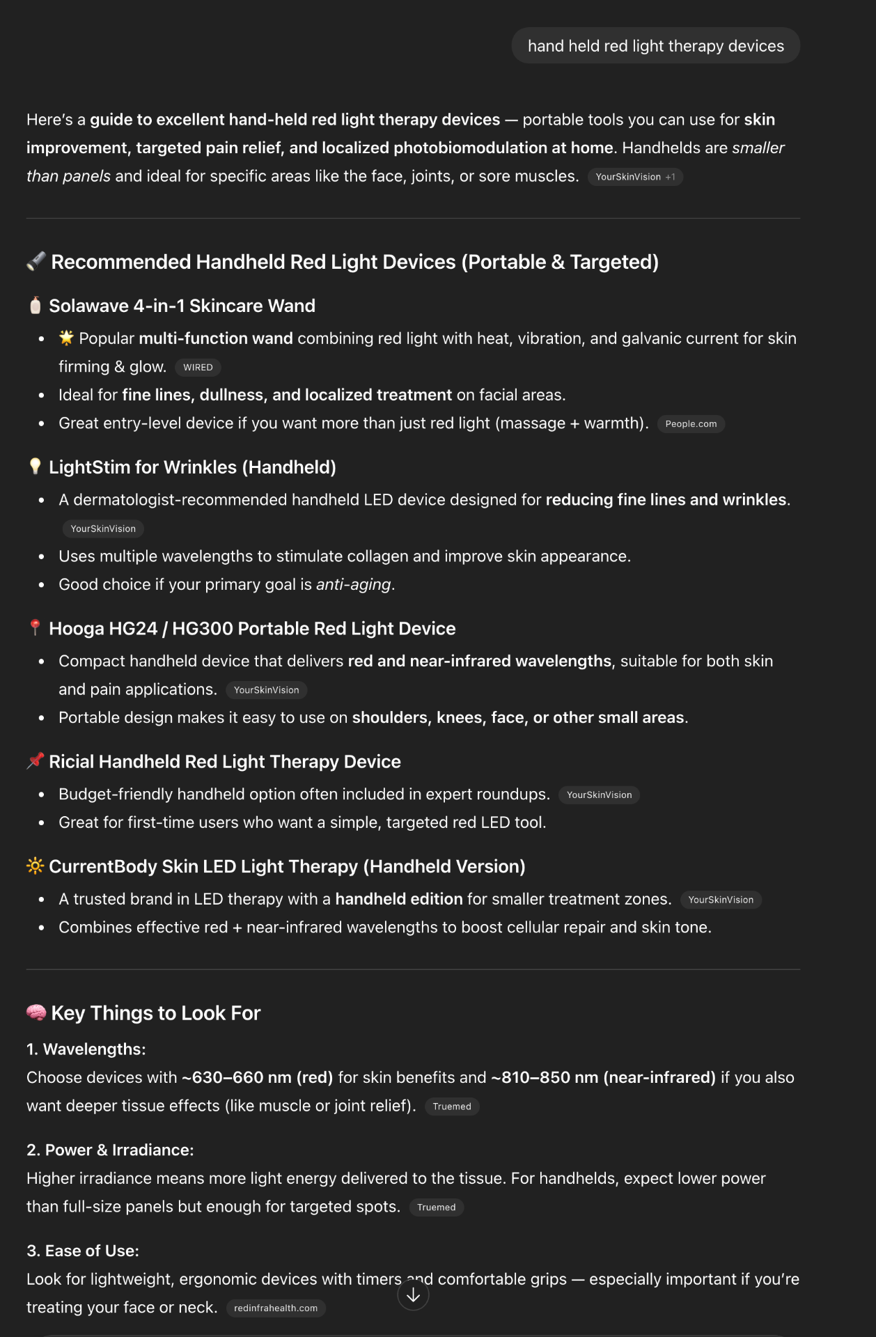 ChatGPT answer showing recommended hand-held red light therapy devices with brand and product citations — example of AI search visibility