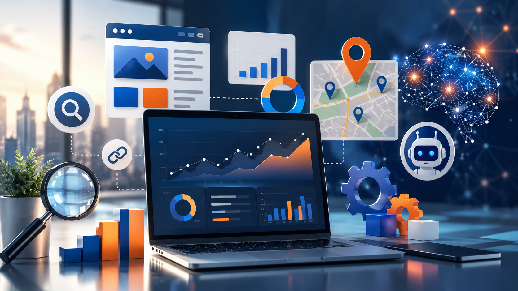SEO Tasks for Businesses in 2026 Modern SEO analytics dashboard showing Google search, local SEO, AI search, rankings and digital growth