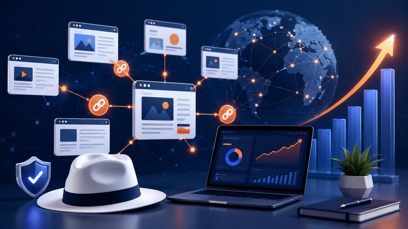 Link Building Strategies 2026 White-hat link building strategy illustration showing SEO authority growth, backlinks, analytics and organic traffic improvement