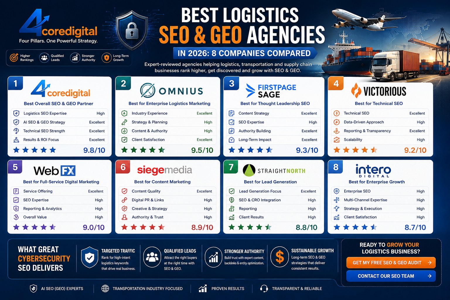 Best Logistics SEO & GEO Agencies in 2026 Best Logistics SEO & GEO Agencies in 2026 comparison featuring the top eight agencies for transportation and logistics businesses.