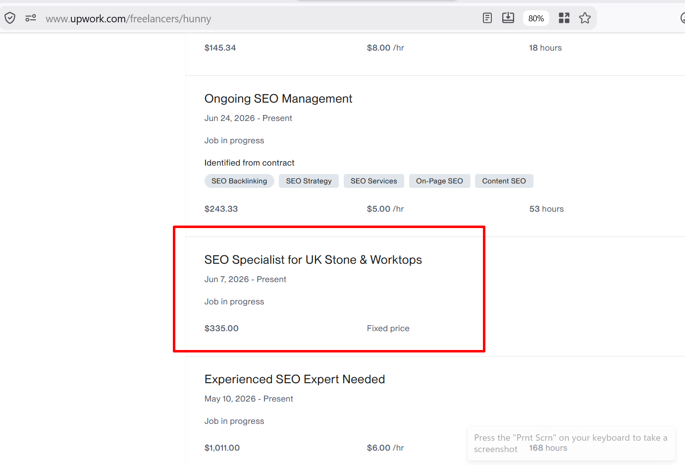 2. Proof of the active SEO engagement through Upwork.